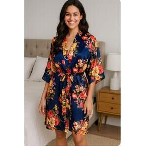 Blue Floral Satin Kimono Short Robe by Ms Lovely  Bride Leisure Vacation Sexy